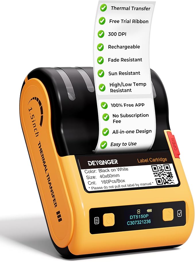 DT5150P 300DPI Industrial Thermal Transfer Label Printer, Rechargeable Colorfast Label Maker, Fade/Sun/High-Low Temp Resistant, for Outdoor & Job Sites, Mobile APP & PC Editor Compatible