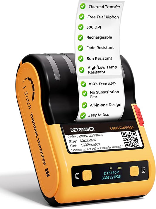 DT5150P 300DPI Industrial Thermal Transfer Label Printer, Rechargeable Colorfast Label Maker, Fade/Sun/High-Low Temp Resistant, for Outdoor & Job Sites, Mobile APP & PC Editor Compatible