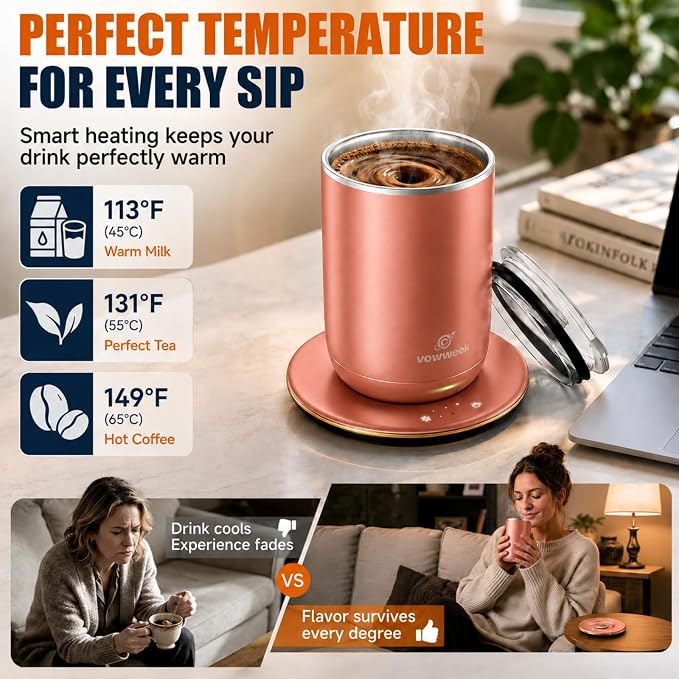 Self Stirring Heated Coffee Mug, 10 oz Auto Magnetic Mixing Cup, DustyRose | 304 stainless steel interior. Includes 3 heat settings, 8H auto shut-off, plug-in base for home office desk