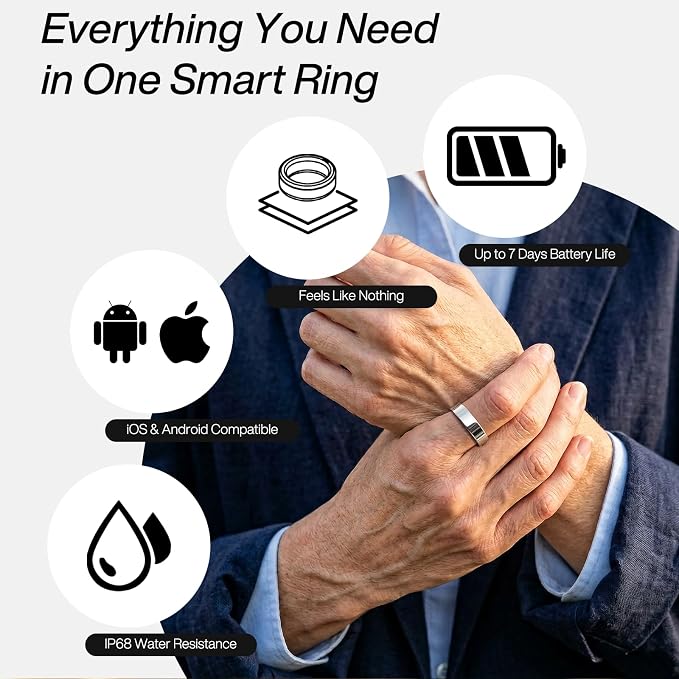 Smart Ring Pro, No App Subscription, Sleep & Activity Tracker with Heart Rate Monitoring, 7 Days Battery Life, IP68 Waterproof Fitness Ring, Compatible with iOS & Android(Matte Silver,7)