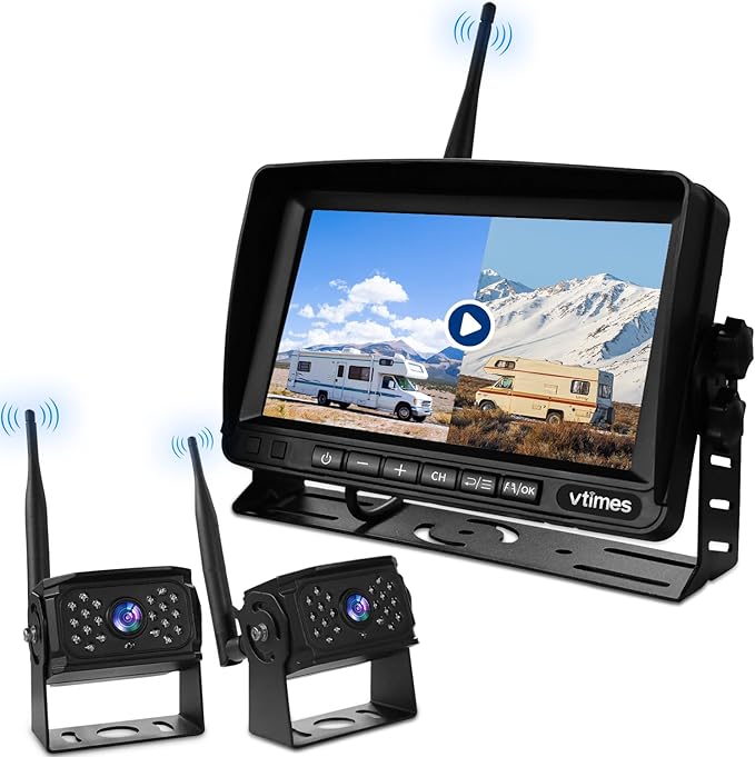 VTimes Wireless Backup Camera 2 Cameras, RV Backup Camera System with 7" Monitor for Truck, 4 Channels Split Screen, BSD Alert, 984ft Signal Range, IP69K Waterproof IR Night Vision, DIY Guide Lines