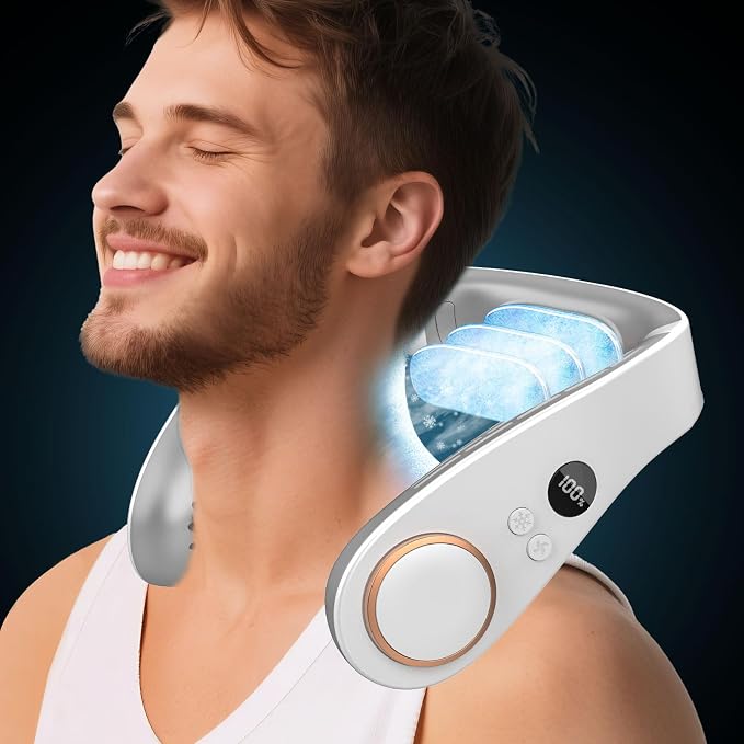 Neck Fan with Cooling Plate,Portable Neck Fans that Blow Cold Air Rechargeable Battery Powered Air Conditioner,Bladeless Wraps Body Ac, Wear Around the Neck Coolers for Extremely Hot Weather White
