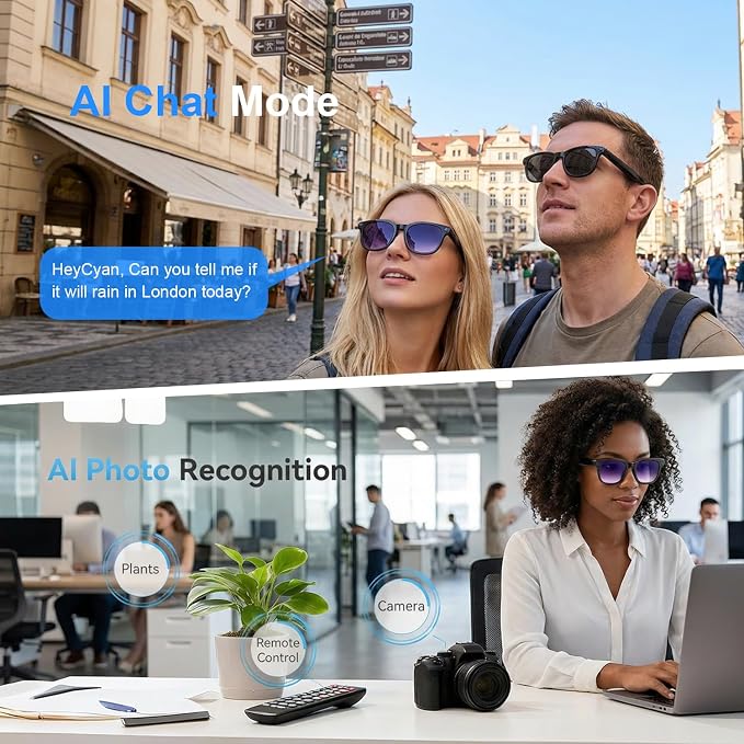 AI Smart Glasses with Camera, 8MP HD Bluetooth Camera Glasses, 1080P Video Recording Sunglasses for Women Men, Real Time Translation, Voice Assistant, Open Earbuds for Travel, Work Vlog (3 lenses)
