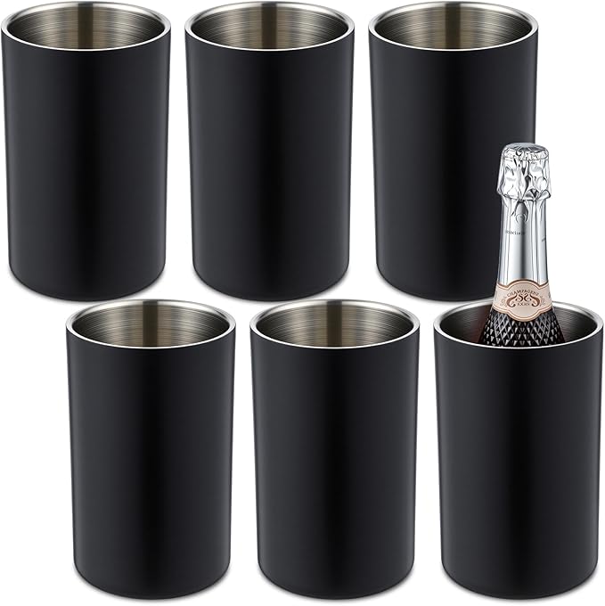 Potchen 6 Pack Wine Chiller Bucket Wine Bottles Cooler Bulk, Stainless Steel Double Wall Insulated Champagne Ice Bucket for Parties,Fits for 750 ml Bottles(Black)