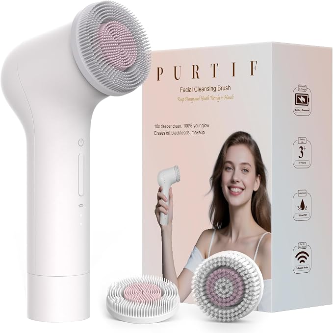 Electric Facial Cleansing Brush - Rechargeable Silicone Face Scrubber exfoliator, Face wash Machine, Pore Cleansing Brush for Women and Men,3Speeds,Waterproof, Exfoliating & Massage, White