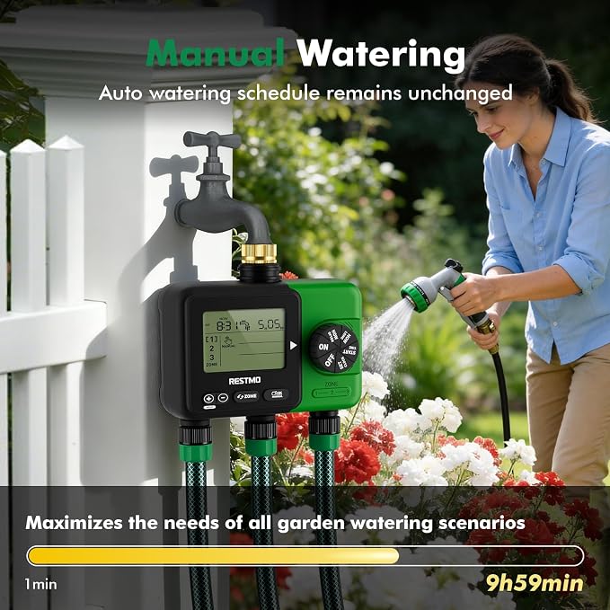 RESTMO Sprinkler Timer for Outdoor Hose Faucet 3 Zone, Up to 9h59m Programmable Watering Timer for Soaker Hose, Filling, Misting with Brass Inlet, Rain Delay/Manual/Automatic Irrigation System