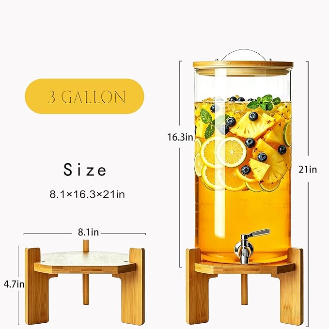 Beverage Dispenser,3Gallon Glass Drink Dispenser with Stand, Stainless Steel Spigot, Ideal for Parties, Bars, Restaurants (11L/3Gallon)