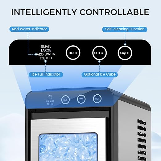 COWSAR Ice Maker Countertop, Portable Ice Machine with Self-Cleaning, 8 Cubes in 6 Mins, 26 lbs/24Hrs, Quiet Commercial Compact Ice Machine for Home, Camping, Bar, Stainless Steel Sliver