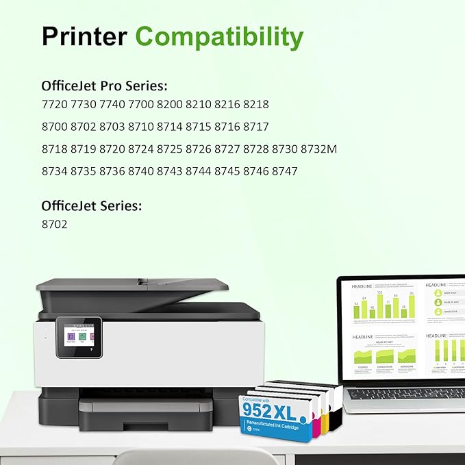 952XL 952 8710 Ink Cartridges Combo Pack for HP Printers 952 XL for HP OfficeJet Pro 8710 7740 8720 8715 8715 8725 8730 8702 8732M 8736 8743 Printer 4 Pack (Black Cyan Magenta Yellow)