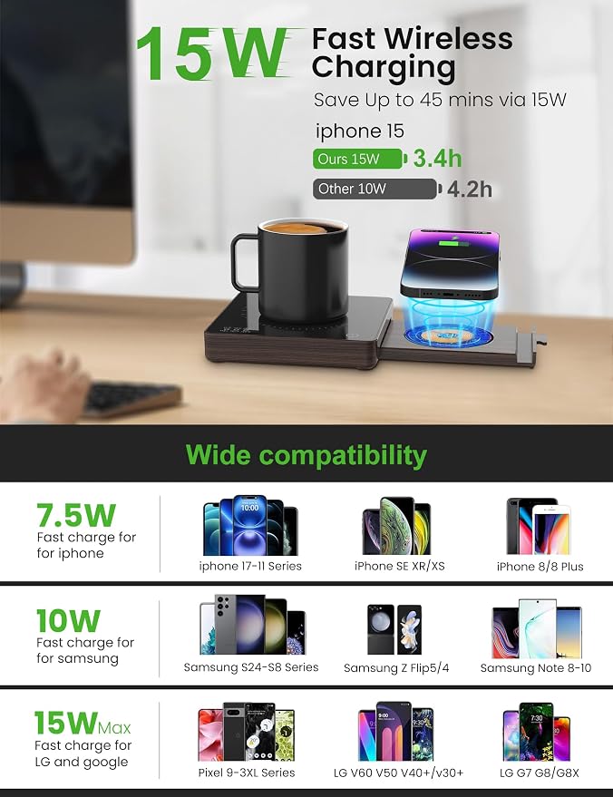 Coffee Mug Warmer with 15W Wireless Phone Charger & 3A USB Charging Port, 3 Temp Settings & 8H Auto Shut Off, Candle Warmer Plate for Heating Coffee, Milk, Tea & Candles,Valentine's Day Gift(Wood)