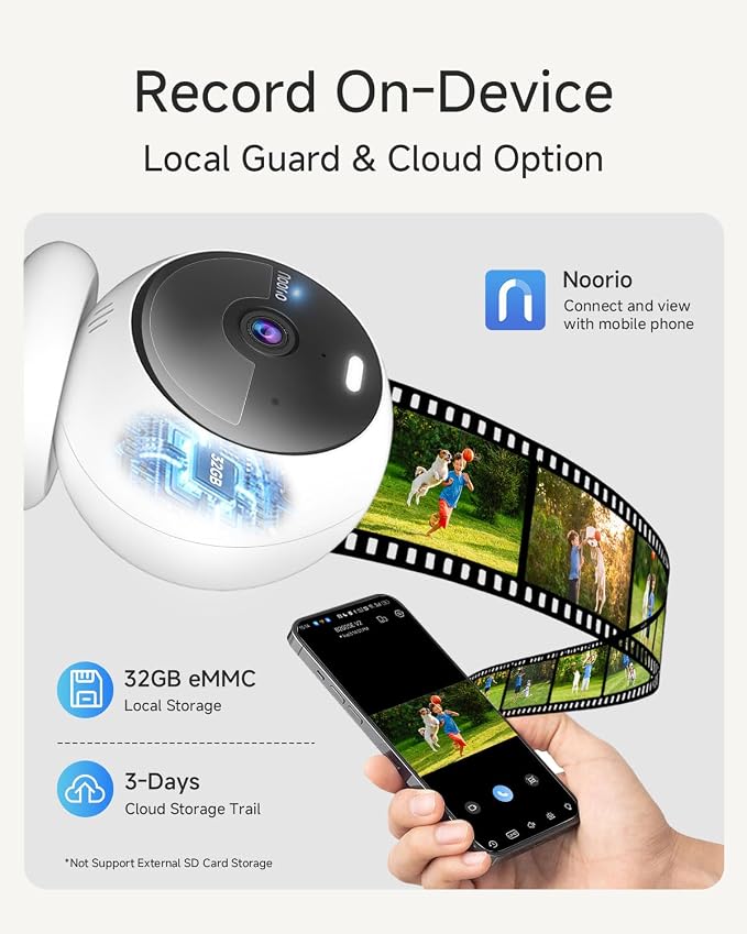 Noorio Security Cameras Wireless Outdoor Magnetic, Battery Powered Indoor Camera for Home Security, 1080P Human/Pet Detection, Bulit-in 32GB Storage, Color Night Vision