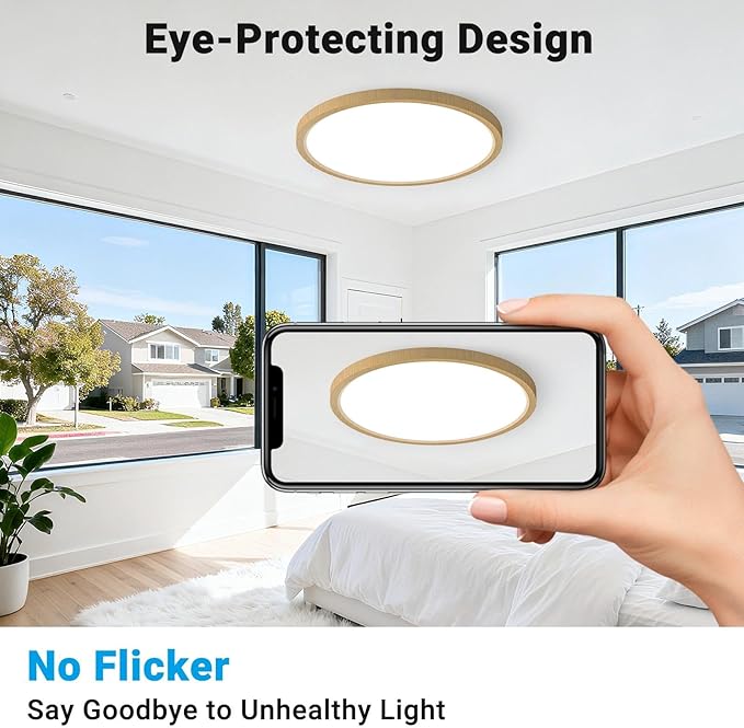 2 Pack LED Flush Mount Ceiling Light,12Inch 24W,3000K/3500K/4000K/5000K/6500K 5 Color Temperatures Ceiling Light Fixture for Kitchen Porch Hallway Bedroom Bathroom and Closet,Wood