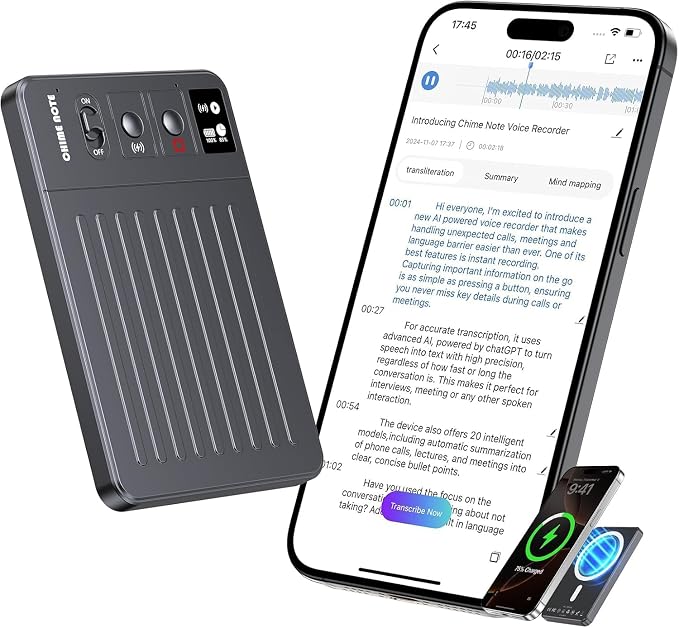ChatGPT Voice Recorder: 64GB with AI Summary & Free Transcription, 121 Languages, Wireless Charging, APP & Web Access