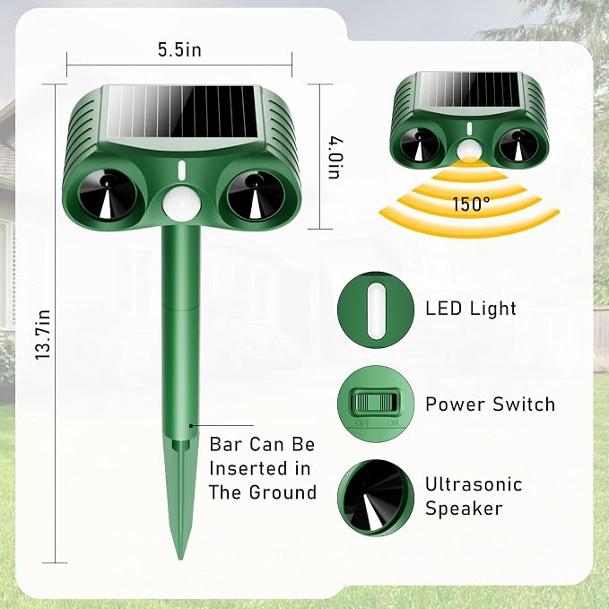 2026 Upgraded Solar Ultrasonic Animal Repellent Outdoor,Deer Repellent Devices Waterproof,Motion Activated Cat Repellent Outdoor,Squirrel Raccoon Skunk Rabbit Dog Bird Deterrents for Yard -2 Pack
