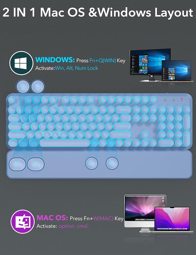 Wireless Keyboard and Mouse Backlit - Purple Typewriter Keyboard with Magnetic Wrist Rest, Retro Round Keycaps, Light Up Letters, 2.4GHz Cordless Combo for Windows, PC, Laptop, Trueque [Upgraded]