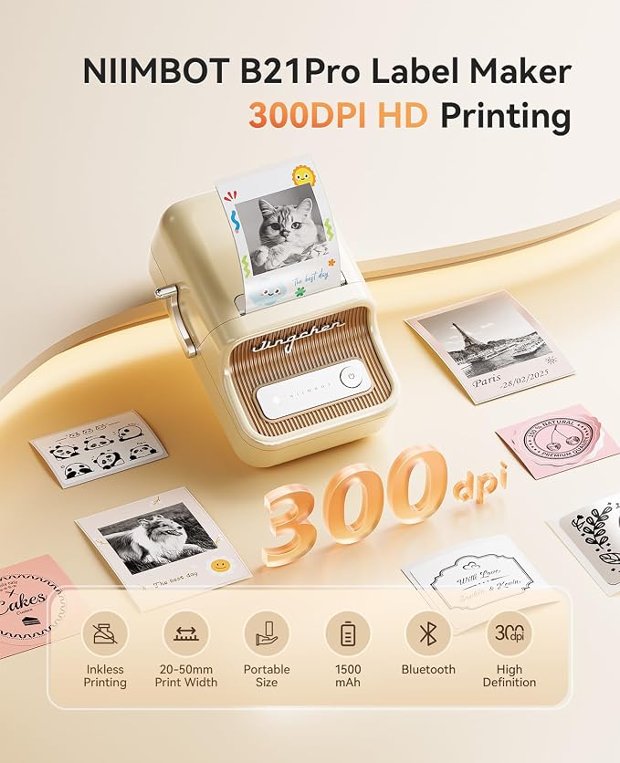 NIIMBOT B21 Pro Label Maker, 300DPI HD Label Printer, Comes with A Roll of Photo Labels 2.1x3.2 Inches(54x80mm), Ideal for Photos, Study Graphics, Memo Maker