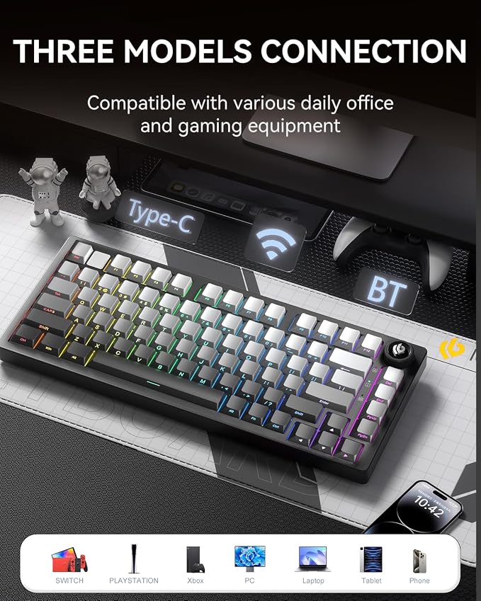 LEOBOG HI75C Pro Mechanical Keyboard,Aluminum Alloy Gaming Keyboard 75% Hot Swappable with Five-Layer Knob, Bluetooth/2.4GHz/USB-C Wireless Keyboards for Windows/MAC/iOS/Android - Reaper Switch, Grey