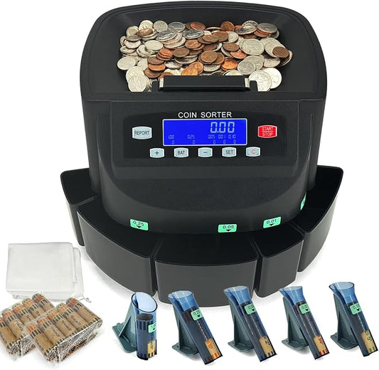 Professional USD Coin Counter and Sorter with LCD Display,Coin Sorter Machine for USD Coin 1￠5￠10￠25￠$1, 2000-coin Capacity,300 Coins/min,Automatic Change Counter,5 Bins,5 Tubes (+96 Wrappers+Cover)