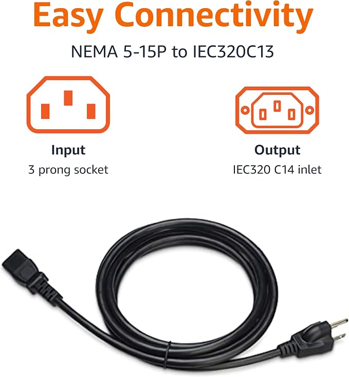 Amazon Basics Replacement Power Cord for Computer, Monitor, TV, Printer, PC, 3 Prong, 18 AWG, 125 Volts, 10 Feet, Black