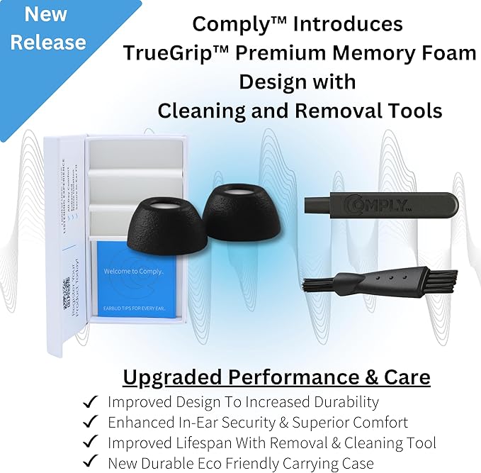 Comply TrueGrip | Premium Memory Foam Replacement Earbud Tips for Apple AirPods Pro 1 & 2 | Enhanced Comfort, Secure Fit, Superior Noise Isolation, Removal & Cleaning Tool | Black, Large (3 Pairs)