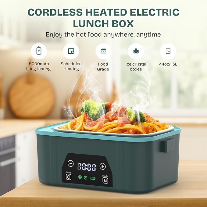 Cordless Heated Lunch Box, Smart Timer Automatic Heating Food Warmer for Adults, 5.5-Cup Portable Electric Lunch Container with Handheld Insulated Bag（Dark Blue）