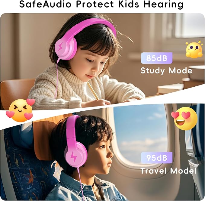 Candy Bila Kids Headphones, Wired Headphones for Kids Over Ear with Microphone, Foldable Headphone for Learning & Entertainment, Gradient Deep Pink