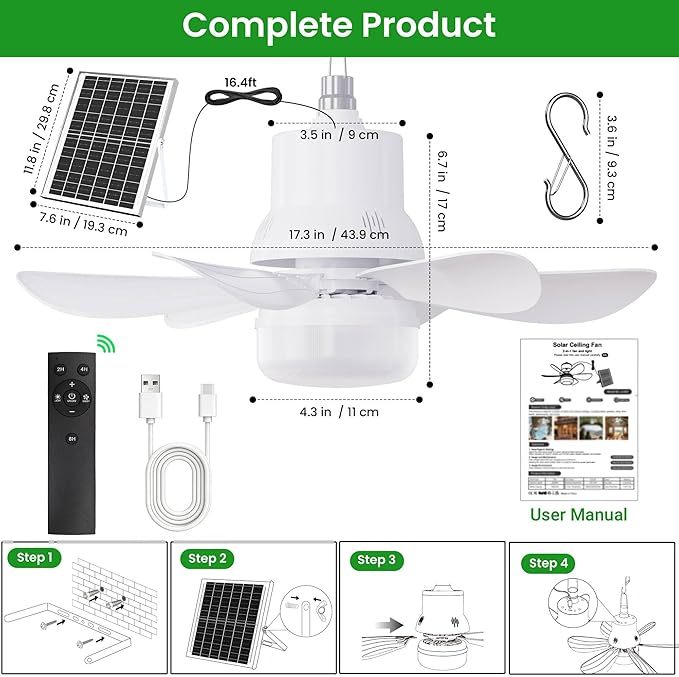 Solar Ceiling Fan with Light, 18000mAh Rechargeable Portable Camping Fan with Remote, 450CFM Strong Airflow, 17.5'' Battery Powered Ceiling Fan for Outside Gazebo, Canopy, Tent, RV