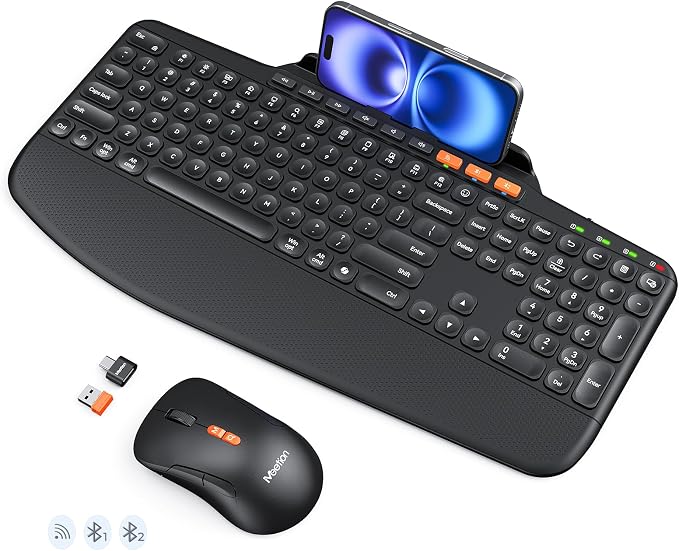 MEETION Wireless Keyboard and Mouse Combo, Ergonomic Keyboard with Wrist Rest,Tablet Stand,Scissor-Switch USB/Bluetooth Rechargeable Keyboards, 4DPI Mouse,Compatible with Windows,Mac,PC,Laptop,Tablet