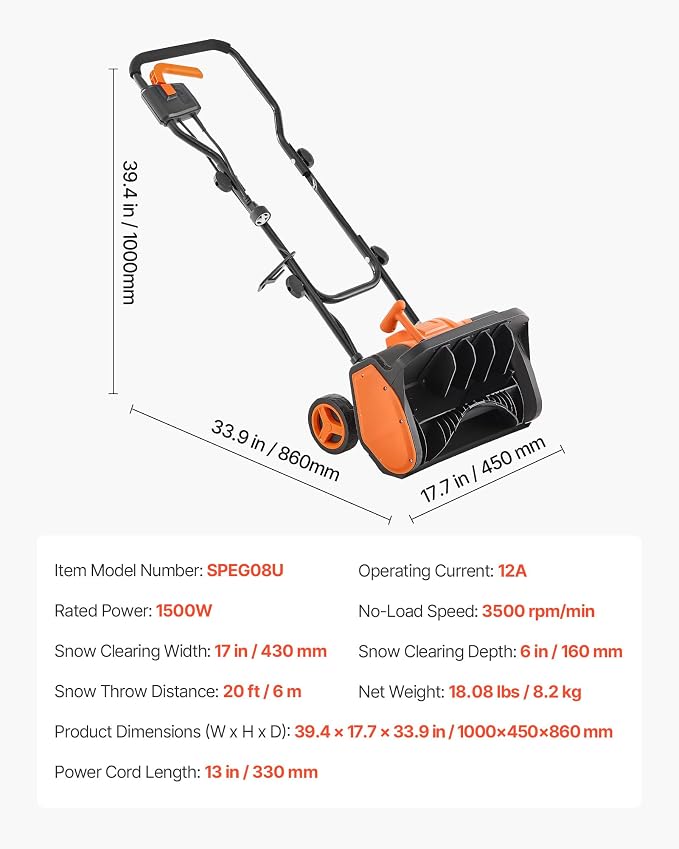 VEVOR Corded Electric Snow Shovel, 12A 17 inch Snow Shovel, 60° Adjustable Chute, 20 ft Throwing Distance, Snowthrower with Dual Safety Switch, Winter Ice Removal Tool for Driveway Sidewalk Patio