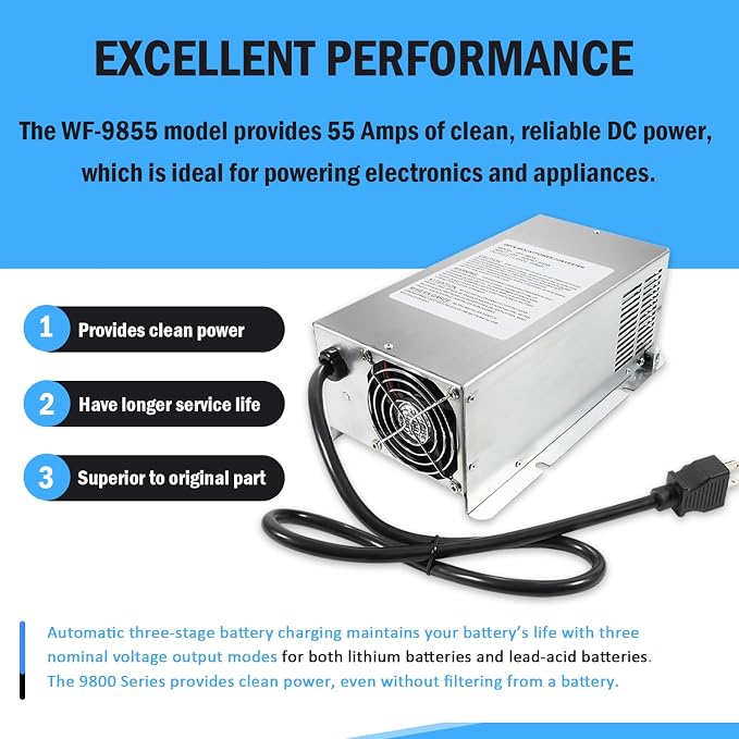 WF-9855 55 Amp Deck Mount Charger/Converter with Lithium-Ion Switch Replacement for RV Trailer Camper 9800 Series
