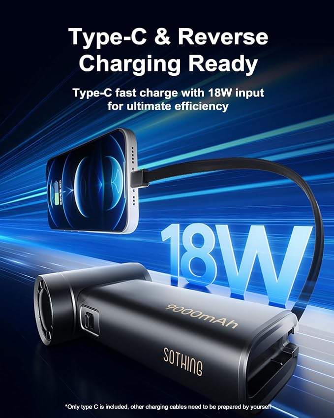 SOTHING Handheld Fan - Portable Fan with Charger Power Bank, 6000mAh Rechargeable18W Fast Charging, Type-C Input, 50000RPM High Speed Turbo Airflow for Travel Concerts Cruise Makeup, Black