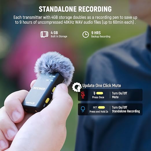 NEEWER CM28 PRO Wireless Lavalier Microphone, Noise Canceling Mini Lapel Mic 9hrs Recording 4GB Storage for USB C iPhone iPad Android Phone Camera PC Laptop Computer