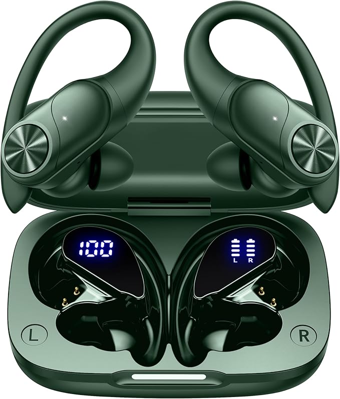 PocBuds Bluetooth Headphones Wireless Earbuds 80hrs Playtime Wireless Charging Case Digital Display Sports Ear Buds with Earhook Deep Bass IPX7 Waterproof Over-Ear Earphones for TV Phone Laptop Olive
