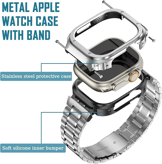 MioHHR Stainless Steel Watch Band with Case Compatible with Apple Watch Ultra3 2 1(49mm),Rugged Strap with Metal Protective Bumper Cover for iWatch Band Men(Silver)