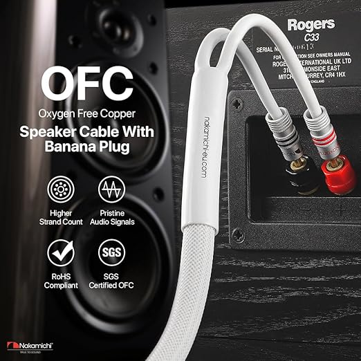 Nakamichi Excel Series 24k Gold Plated Banana Plugs with Speaker Cable Wire 99.9% Oxygen-Free Copper (OFC) Heavy Duty Braided for Amplifier Hi-Fi Home Theatre - White (12 AWG / 15 feet / 4.5m)