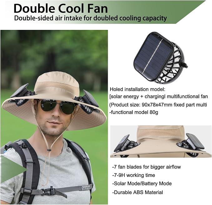Outdoor Solar Powered Fan Hat for Men Women Breathable Wide Brim Hat with 2 Fans UPF 50+ Fishing Hat Beach Bucket Sun Hat
