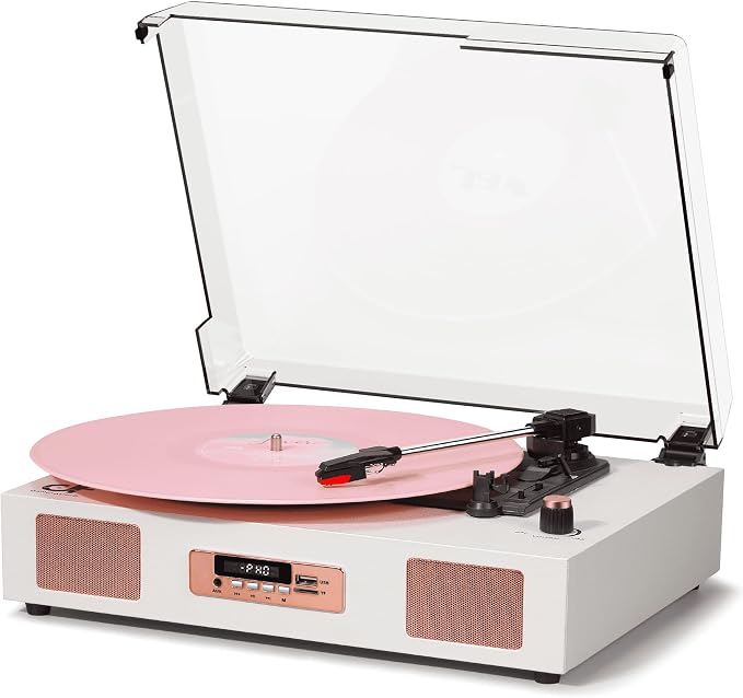 Vinyl Record Player Vintage Wireless Bluetooth Record Player with Stereo Speakers, USB/TF Card Recording, LP Player with 3 Speed Belt Drive Turntable Support RCA Line-Out AUX Input EQ,White& Rose Gold