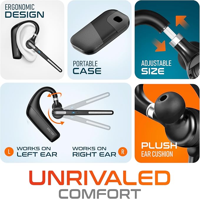 Ultralight Bluetooth Headset with Noise Cancelling Microphone, Bluetooth Earpiece with Carrying Case, Wireless Headset for PC/Laptop, Compatible with MS Teams, Zoom, Google Meet, and More - Black