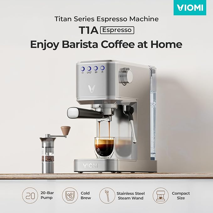 VIOMI T1A Espresso Machine 20 Bar, Compact Espresso Maker with Milk Frother, Coffee Machine with 37oz Removable Water Tank, Cold Brew Machines for Home Barista, Latte, Cappuccino Machine, Silver