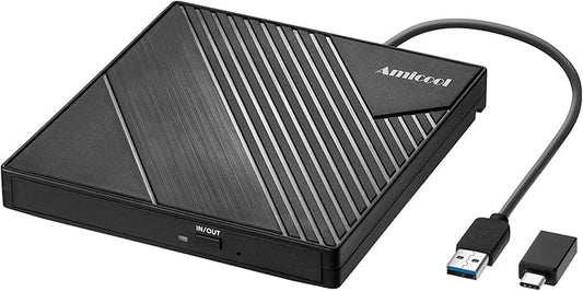Amicool External DVD Drive USB 3.0 USB C CD Burner CD/DVD +/-RW Optical Drive, Slim Portable DVD CD ROM Rewriter Writer Duplicator for Laptop Desktop PC Windows 11/10/8/7 MacBook Mac Linux OS Apple