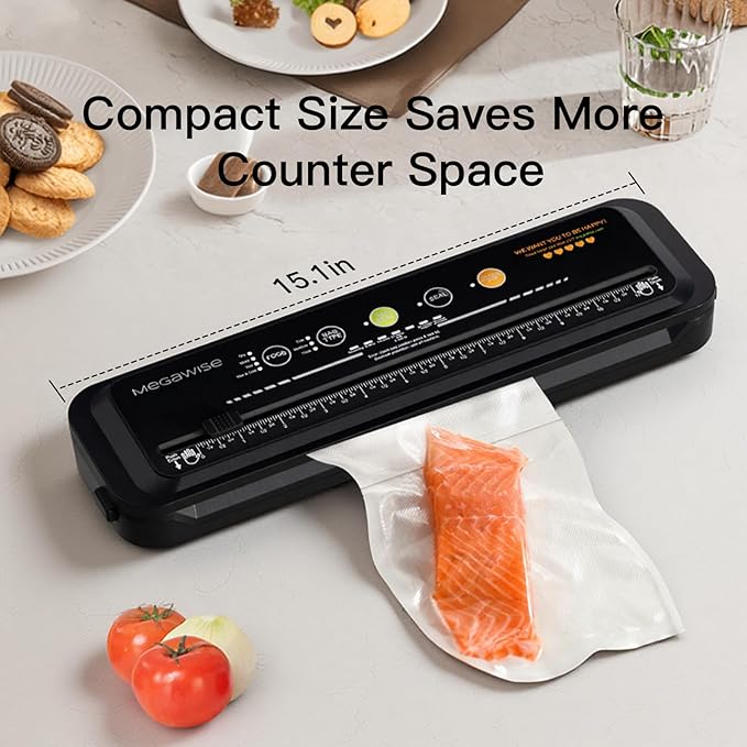 MEGAWISE Food Sealer w/Starter Kit with Accessory Hose for Wide and Regular Mouth Sealer, Dry & Moist Food Modes, Compact Design with 10 Vacuum Bags & Built-in Cutter