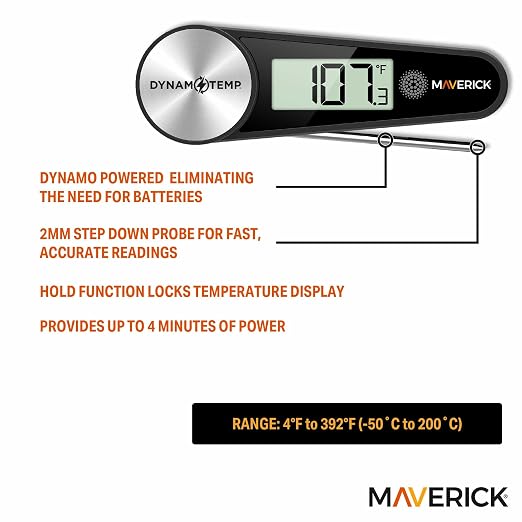 Maverick Dynamo Temp Instant Read Thermometer, No Batteries, Fast 2mm Step-Down Probe, ±1.8°F Accuracy, Magnetic Mount, IP54 Water-Resistant, Folding Design for Cooking & Grilling