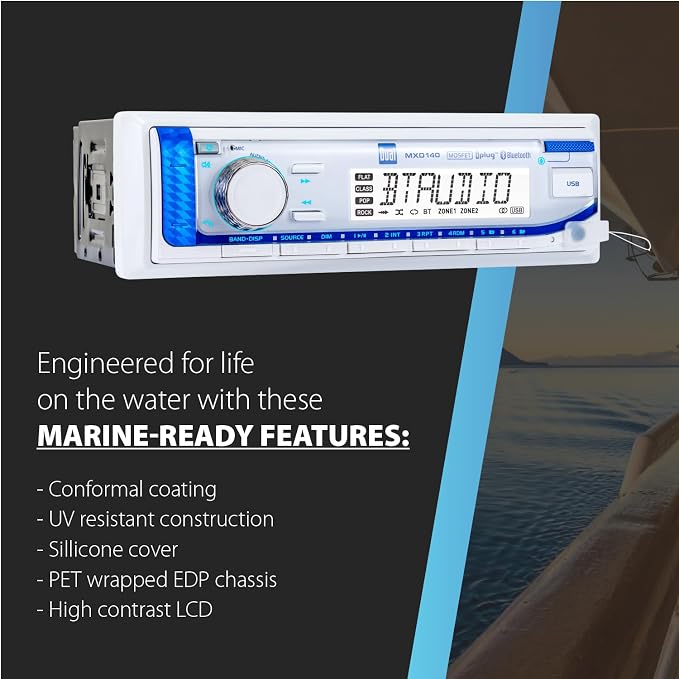 Dual Electronics MXD140 Marine Stereo with Built-in Bluetooth | Single DIN 8-Character Sunlight-Readable LCD Display | Weatherproof | AM/FM Stereo Receiver | USB Port with 2.1 A Charging | White