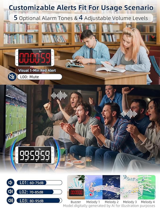 7.8" Digital Kitchen Timer with Large LED Display, Magnetic Rechargeable Countdown Timer, 5 Alarms & 4 Volume Levels, 99H Count Up/Down Timer for Cooking, Classroom & Study