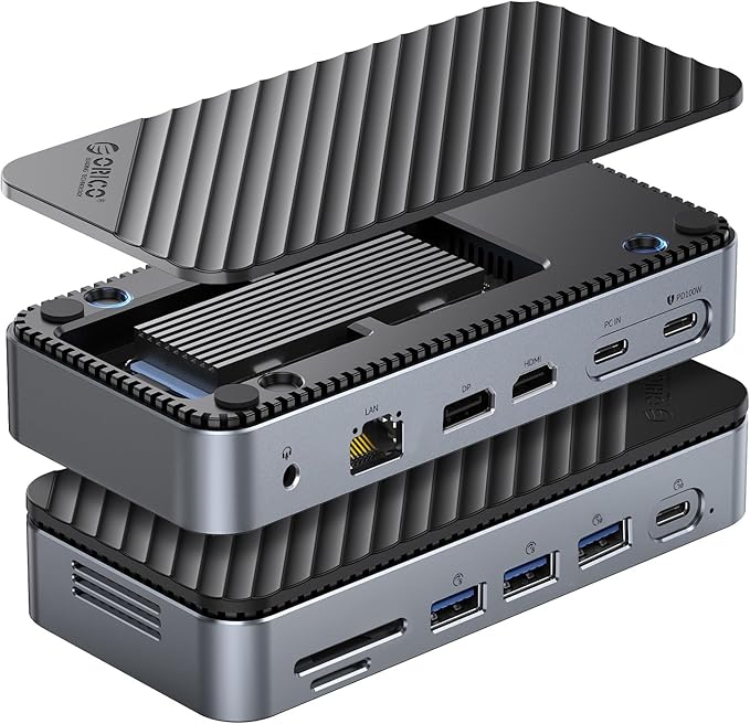 ORICO 12-in-1 USB C Hub with m.2 ssd Enclosure, USB C Docking Station Dual Monitor HDMI DP 8K@30Hz/4K@60Hz, 10Gbps USB, Gigabit Ethernet, 100W PD, SD TF Reader for Mac & Windows Laptops M2P11