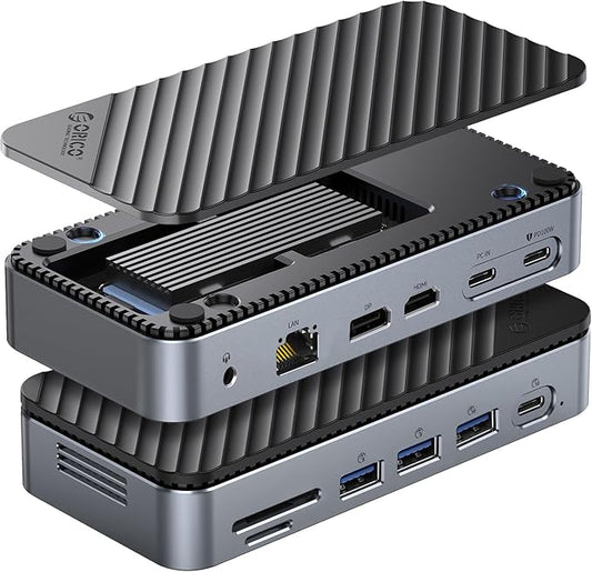 ORICO 12-in-1 USB C Hub with m.2 ssd Enclosure, USB C Docking Station Dual Monitor HDMI DP 8K@30Hz/4K@60Hz, 10Gbps USB, Gigabit Ethernet, 100W PD, SD TF Reader for Mac & Windows Laptops M2P11