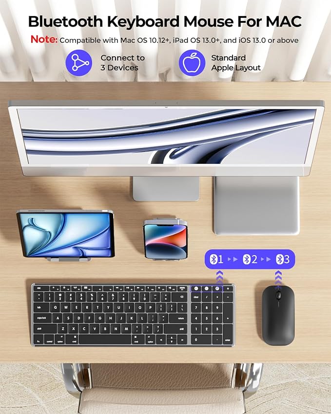 seenda Bluetooth Keyboard and Mouse Combo for Mac, SKM64-2 Rechargeable Silent Wireless Keyboard Mouse Compact Slim, 3 Multi-Device Connection, Compatible for Mac MacBook Pro/Air iPad, Black Gray