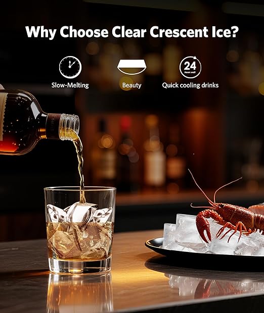 COWSAR Crescent Ice Maker, Slow-Melting Countertop Ice Maker, 27 Lbs/24H, 16Pcs in 12-15Mins, Self-Cleaning, 24-Hour Timer, Portable Crystal Clear Ice Machine, 3000PCS Per Day, for Home/Office/Party