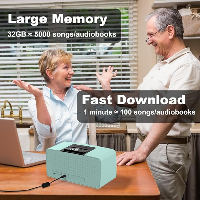 Simple Music Player for Elderly, Easy Audiobook Player with 32GB TF Card & Card Reader for Dementia, Alzheimers, Visually Impaired, Low Vision Patients, Wired - Cyan