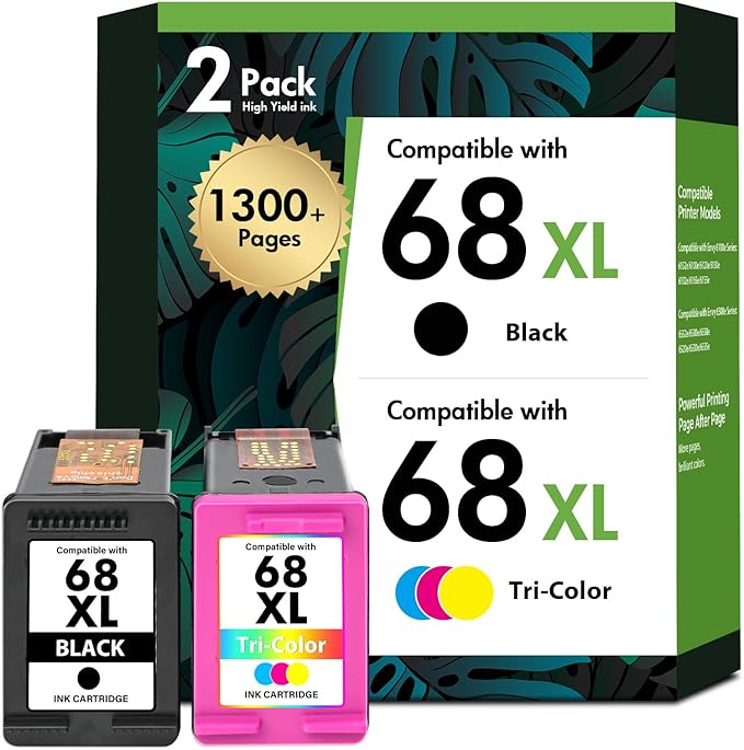68 68XL Ink Cartridges Black/Color Combo Pack for HP68XL 6155e 6555e Printers Envy 6100e 6500e Series 68e 68 XL Compatible for HP 6155e 6555e 6152e 6552e 6558e 6165e (2 Pack Black Tri-Color)
